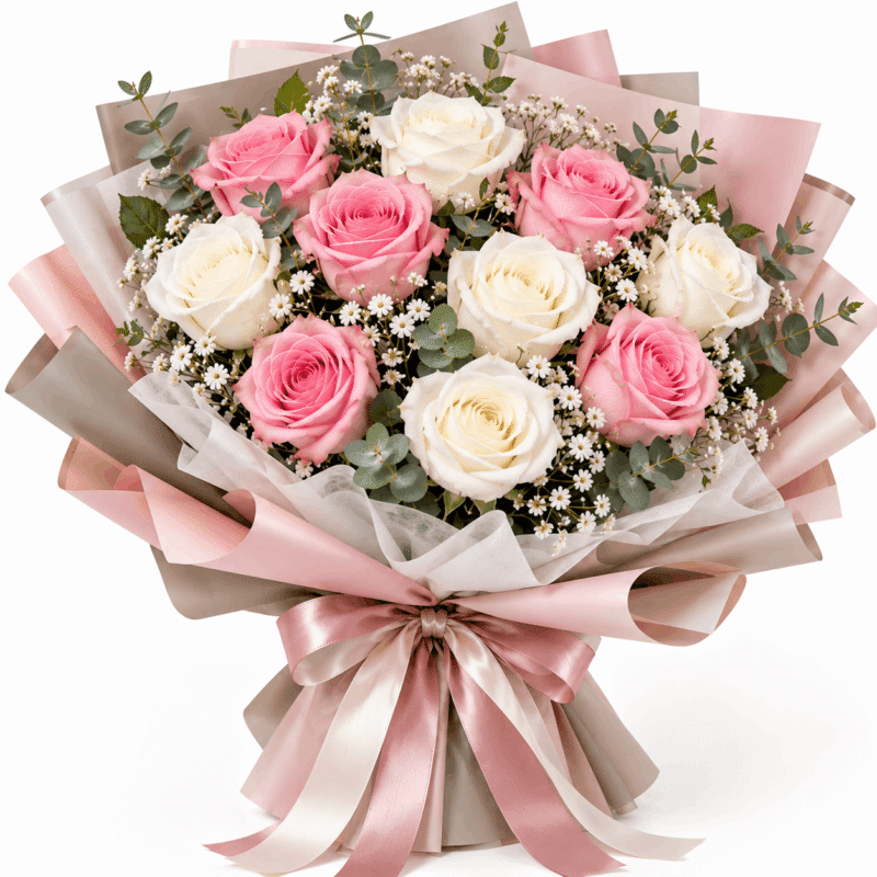 10 Pink and White Rose Bouquet