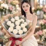 Woman holding a white rose bouquet with eucalyptus, kraft wrapping and a deep red ribbon