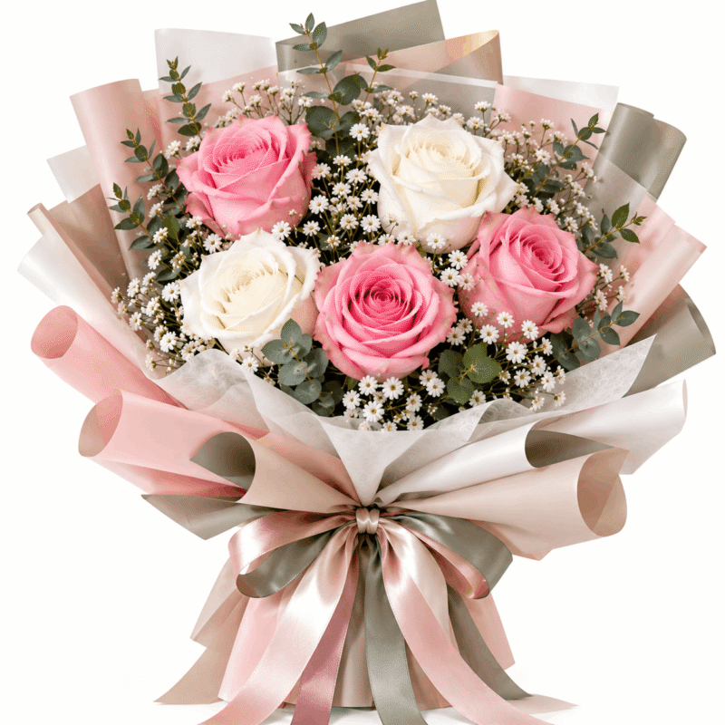 5 Pink and White Rose Bouquet