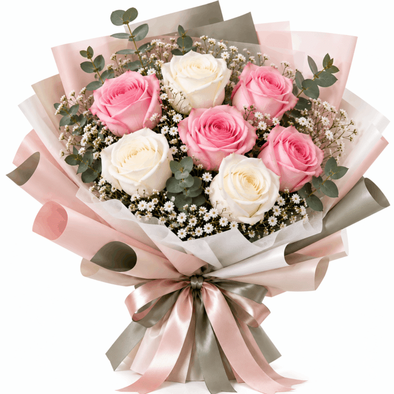 7 Pink and White Rose Bouquet