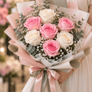 Pink and white rose bouquet with eucalyptus and tiny white flowers, finished with pink and grey satin ribbons