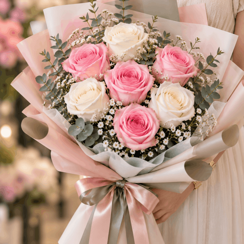 Pink and white rose bouquet with eucalyptus and tiny white flowers, finished with pink and grey satin ribbons