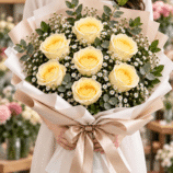 Seven yellow roses with small white flowers and greenery in cream wrapping with a champagne ribbon