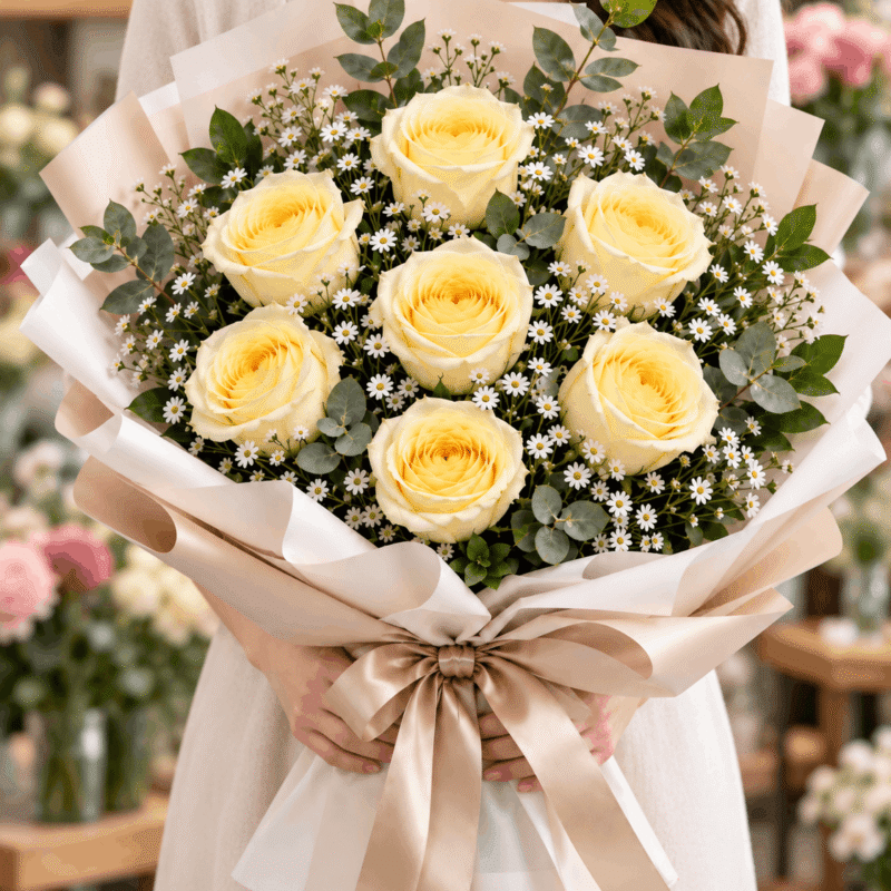 Seven yellow roses with small white flowers and greenery in cream wrapping with a champagne ribbon