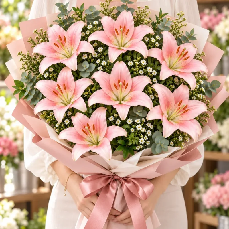 7 Pink Lily Bouquet w model