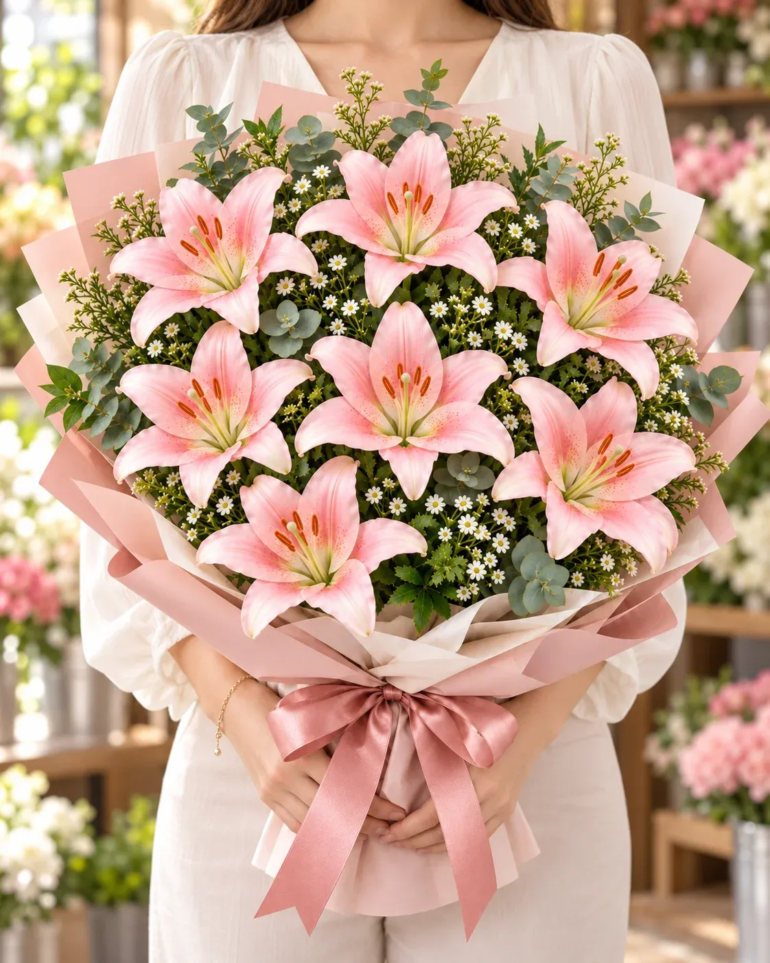 7 Pink Lily Bouquet w model