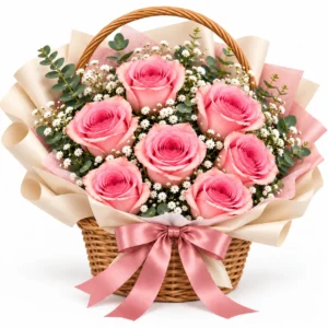 7 Pink Rose Basket