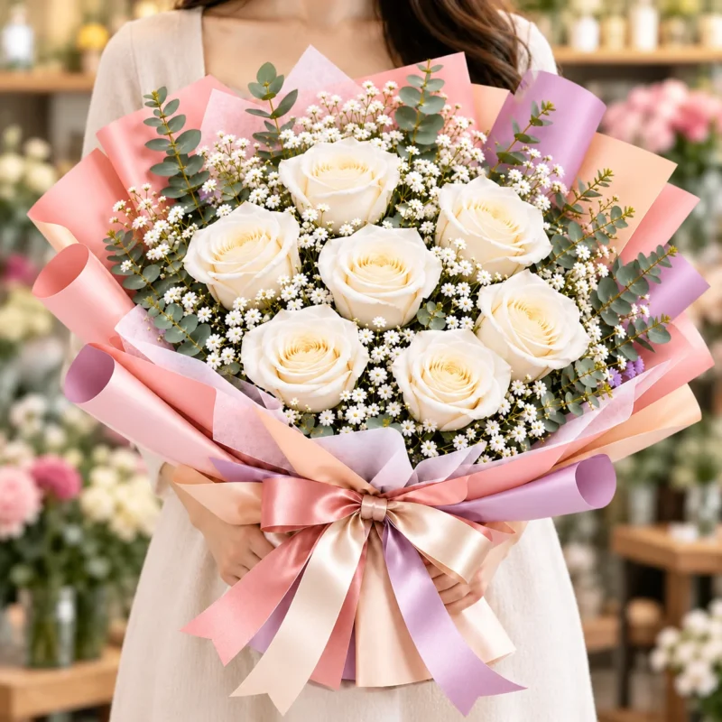 7 White Rose Bouquet w model