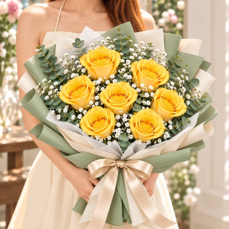 Brighter with You - 7 w model Yellow Rose Bouquet 7 Yellow Rose Bouquet with model