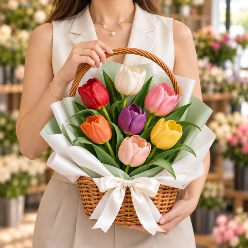 Mixed tulip basket with model Mixed tulip basket with model